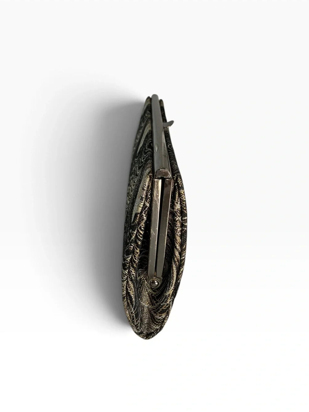 Vintage Japan Peacock Feather Brocade Evening Clutch Silver Tone Frame